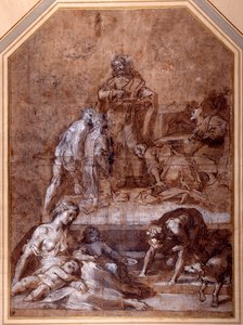 Uskonnollinen allegoria, Mannan kerääminen ja ehtoollisen viettäminen (tussi ja liitu, tussi ja liitu ja pesu, korotettu valkoisella paperille). tekijältä Federico Fiori Barocci or Baroccio