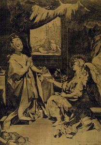 Annunciation (etsaus, kaiverrus ja kuivakärki keltaiseen silkkitaftiin)