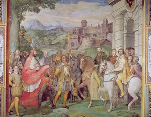 Kaarle V (1500-58) ja Alessandro Farnese (1546-92) Wormsissa Sala dei Fasti Farnesen loisteliaiden salista, 1557-66 (ks. 95812). tekijältä Federico Zuccaro