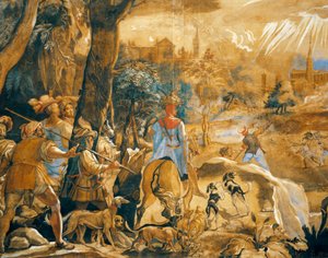 Metsästyskohtaus kuvitteellisen Firenzen kanssa tekijältä Federico Zuccaro