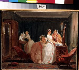 Häävalmistelut. Porvarillinen tyttö hääpuvussa valmistautuu hääseremoniaan. Feodor Andrejevitš Bronnikovin (1827-1902) teos. Öljy paperille, 26 x 33 cm tekijältä Fedor Andreevich Bronnikov