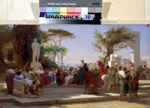 Latinalainen runoilija Horatius muistelee satiirejaan Mecenessa. 1800-luku (öljy pahville)
