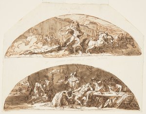 Akhilleus vetää Hektorin ruumista Troijan muurien ympärille, Priam rukoilee Hektorin ruumista, Kattosuunnitelmat Galleria di Achillelle, Palazzo Milzetti, Faenza, Italia tekijältä Felice Giani