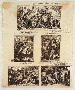 Suunnittelu erilaisiin koristeisiin, mukaan lukien Coriolanus Rooman muureilla tekijältä Felice Giani