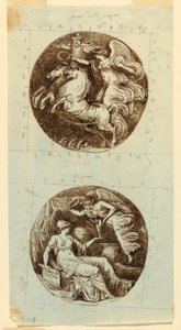 Piirros, Siivekäs voitto vaunuilla; Siivekäs voitto kruunaa Minervan; kaksi pyörökaiverrusta, n. 1805. tekijältä Felice Giani