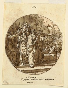 Piirustus, Kattosuunnitelma Numa Pompiliuksen tervetulleeksi toivottamista Roomaan valintansa jälkeen, Sala di Numa Pompilio, Palazzo Milzetti, Faenza, 1804-05. tekijältä Felice Giani