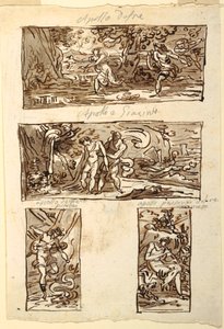 Neljä piirustusta Apollon myytistä; Seinän koristelu mantelin yli, Sala di Apollo, Palazzo Cavina, Faenza tekijältä Felice Giani