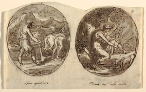 Man the Farmer, Diana the Goddes of the Hunt, Design for holvikatot, Sala dei Legislatori, Palazzo Conti-Sinibaldi, Faenza tekijältä Felice Giani