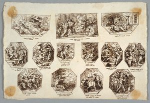 Romulus ja Remus, kolmetoista maalausta Sala delle Origini di Romalle, Faenza tekijältä Felice Giani