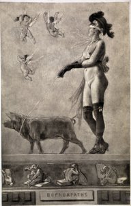 Pornokrates (alaston nainen, silmät kaistaleet, enkelien ympäröimä ja sika hihnassa) - piirustus Felicien Rops (1833-1898)