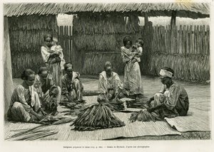 Alkuperäiskansat tekevät tupakkaa. Myrbachin kaiverrus havainnollistamaan tarinaa Lucon ja Palaouan, kuusi vuotta Filippiineillä, Alfred Marche (1844-1898), in le tour du monde 1886, ohjaaja Edouard Charton (1807-1890), Hachette, Pariisi.