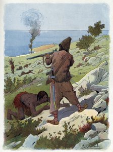 Robinson Crusoe tappaa villit, jotka jahtaavat perjantaita.