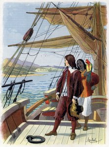 Robinson Crusoe jättää saarensa - kuvitus Felician MYRBACH MYRBACH RHEINFELD (1853-1940) Daniel Defoen kirjaan (De foe) Robinson Crusoe. Ei päivämäärää. Noin 1934