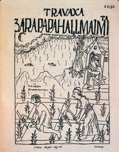 Tammikuussa pelloilla työskentelevä Inca Hatun Runa -pariskunta (mustepiirustus