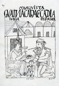 Inka kysyy espanjalaiselta, mitä tämä syö, hän vastaa "kulta" (puupiirros)