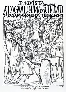 Diego de Almagro, Francisco Pizarro ja pastori Vicente de Valverde polvistumassa Atahualpa Incan edessä Cajamarcassa