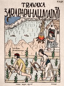Inka-imperiumi: Intiaanipariskunta Hatun Runa -luokasta työskentelee maata tammikuussa - mustepiirros Don Felipe Puma de Ayalan käsikirjoituksesta "Nueva coronica y buen gobierno", joka havainnollistaa inkojen elämää - 1500-luku (Intialainen pariskunta Hat