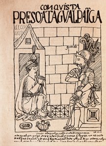 Inkakeisari Atahualpa, valloittajien vanki Cajamarcassa (mustepiirustus).