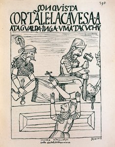 Espanjalaiset teloittivat inkakeisari Atahualpan Cajamarcassa 28. heinäkuuta 1533 (mustepiirustus