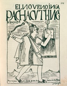 Suuren inkakeisari Pachacutecin muotokuva (mustepiirustus
