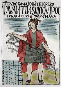 Quipu (Quipo Quipou) Inka-kirjanpitojärjestelmä köydessä ja solmuissa, inkakulttuuri 1400-1532 jKr., käsikirjoitus Felipe Guaman Puma de Ayala (Uusi Chronicle and Good Government), intialainen kolumnisti 1500-luvulla.