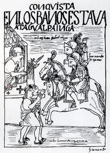Sebastian de Benalcazar ja Hernando Pizarro kohtaavat Atahualpa Incan kuninkaallisessa kylpylässä Cajamarcassa (puupiirros) tekijältä Felipe Huaman Poma de Ayala