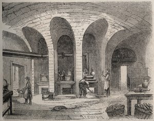 Pariisi - Prison de la petite Roquette (vankila naisille ja nuorille) - Les Cuisines - Kaiverrus Felix Thorignyn mukaan - Le Monde Illustressa heinäkuulta 1865