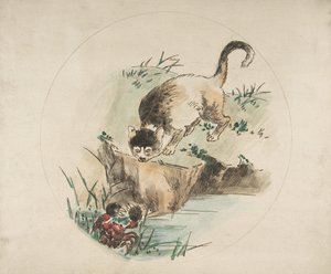 Koriste lautaselle: Rapua metsästävä kissa, 1850-1914. tekijältä Felix Bracquemond