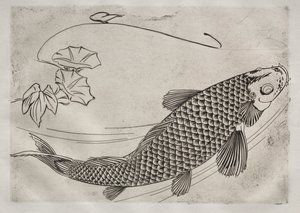 Illallinen Rousseau-palvelu: Iso kala japanilaiseen tyyliin nro. 19, 1866. tekijältä Felix Bracquemond