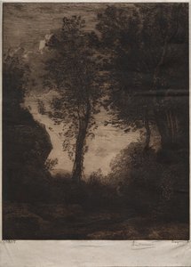 Maisema: Auringonlasku, Corotin jälkeen, n. 1858. tekijältä Felix Bracquemond
