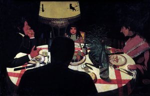 Illallinen, lamppuefekti. Taiteilijan edustus ympäröi hänen vaimoaan ja kauniita lapsiaan. Felix Vallottonin (1865-1925) maalaus Ec. Seuraa tekijältä Felix Edouard Vallotton