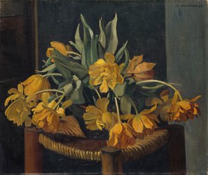 Kaksinkertaiset keltaiset tulppaanit pajutuolissa, 1923 tekijältä Felix Edouard Vallotton