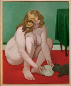 Femme accroupie offrant du lait a un chat tekijältä Felix Edouard Vallotton