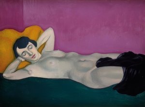 Nainen makaa violetin taustan edessä. 1924 tekijältä Felix Edouard Vallotton