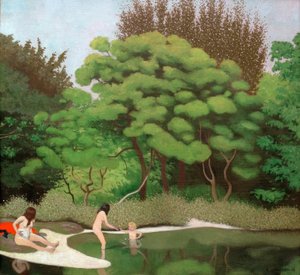 Paysage sousbois ensoleillé, avec deux femmes et un enfant tekijältä Felix Edouard Vallotton