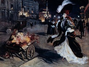 Belle Epoque: Nainen egretsissä pariisilaisella kadulla yöllä. Kuvitus Felix Fournery (1865-1938)