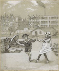Tanssiva poika ja tyttö kaupunginpuistossa tai leikkikentällä tekijältä Felix Hess (signed by artist)