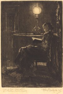 Nainen lukee lampun valossa, 1879. tekijältä Felix Hilaire Buhot