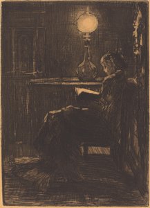Nainen lukee lampun valossa, 1879. tekijältä Felix Hilaire Buhot