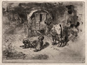 The Guardians of the House, eli Saltimbanquen ystävät, n. 1875. tekijältä Felix Hilaire Buhot
