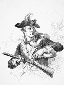Amerikkalainen sotilas, vapaussodan aikana, käytti ruutosarvellaan piikivimuskettinsa pannua, kaiverrus A. Bollett (kaiverrus) tekijältä Felix Octavius Carr (after) Darley