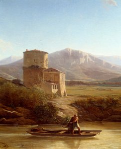 Kalastaja Tiberin rannalla Italiassa Yksityiskohta. Felix Thomasin (1815-1875) maalaus 1864 Nantes, Musee des Beaux Arts tekijältä Felix Thomas