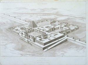 Khorsabadin palatsi, historiallinen näkymä kaakosta ja osa linnoitettuja muureja, Victor Placen kuvitus Ninivestä ja Assyriasta tekijältä Felix Thomas
