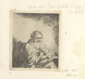 Vanha mies, jolla on apilanlehti takissaan Recueil de quatre-vingt-cinq estampes originales (sarjan nimi) tekijältä Ferdinand Bol (attributed to)