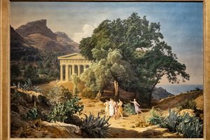 Doric temppeli Castelmola ja Taormina taustalla tekijältä Ferdinand Georg Waldmuller