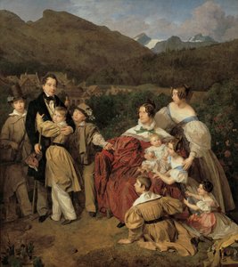 Notaari Dr. Josef August Eltz vaimonsa Carolinen, syntyperäisen Schaumburgin, ja heidän kahdeksan lapsensa kanssa Ischlissä tekijältä Ferdinand Georg Waldmuller