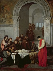 Taidemaalari Luca Signorelli seisomassa kilpailijansa kuolleen poikansa ruumiin luona, 1859