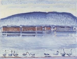 Genevejärvi Mont Salèven ja joutsenten kanssa tekijältä Ferdinand Hodler