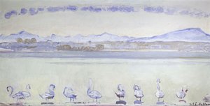 Yhdeksän joutsenta vuoristoisen maiseman edessä; Geneven satama, yhdeksän joutsenta Quai du Mont Blancilta, 1915 tekijältä Ferdinand Hodler