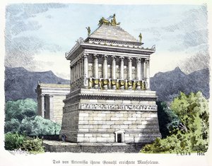 Halikarnassoksen mausoleumi Muinaisen maailman seitsemän ihmeen sarjasta, joka on julkaistu Munchener Bilderbogenissa. 1886 (värikaiverrus)